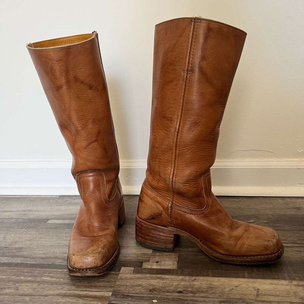 Frye Womens Campus 14L Saddle Brown Marble Leather Tall Boots Pull On Sz 6.5